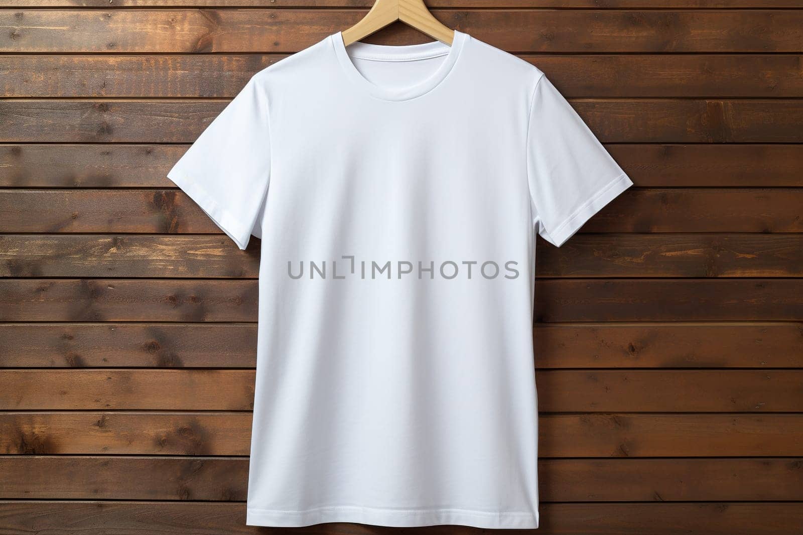 White men's T-shirt on a hanger on a wooden background. Generated by artificial intelligence by Vovmar