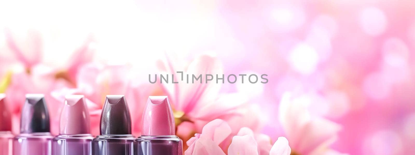 Group of lipsticks on a pink background, banner with copy space
