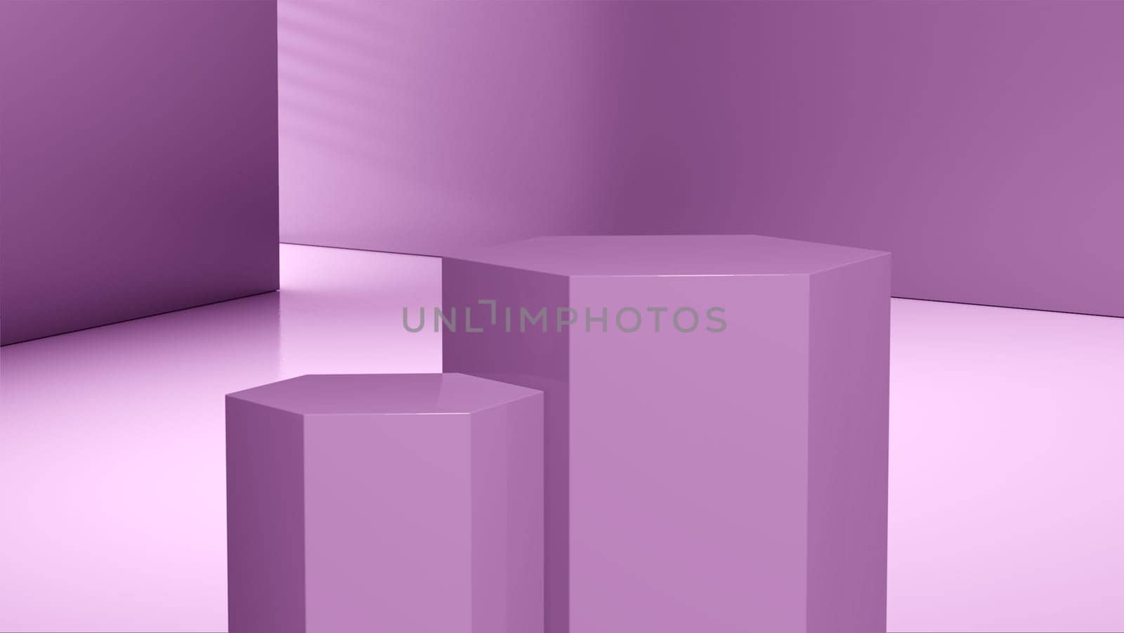 Luxury geometric pink hexagonal podiums stage. Showcase 3d background with empty product display pedestal. Presentation scene and elegant advertising shelf banner. Showroom studio