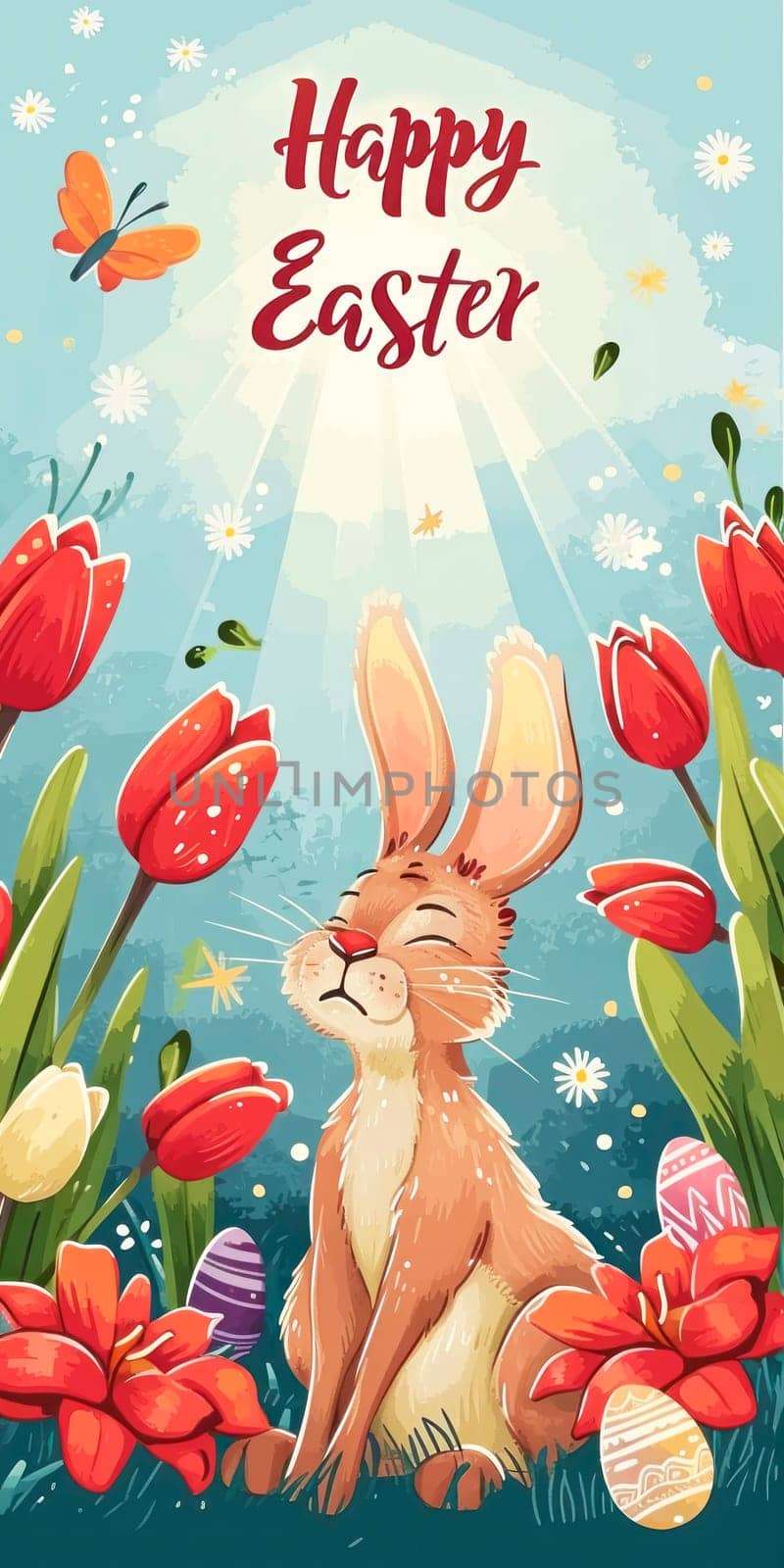 A joyous Easter greeting featuring an illustrated bunny basking in the sun among blooming tulips and fluttering butterflies, with a Happy Easter message.
