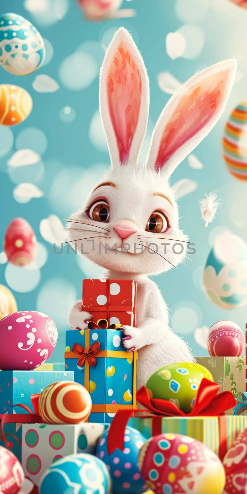 An exuberant Easter illustration captures a white bunny with vibrant ears, clutching a gift box, surrounded by a variety of colorful, patterned Easter eggs