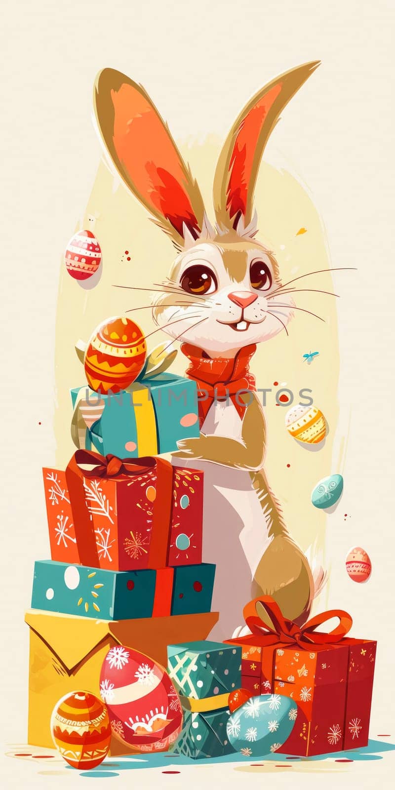 An exuberant Easter illustration captures a white bunny with vibrant ears, clutching a gift box, surrounded by a variety of colorful, patterned Easter eggs