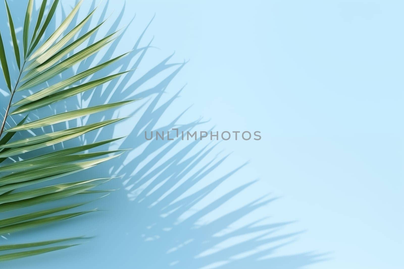 Blurred shadow from palm leaves on the light blue wall. Minimal abstract background for product presentation. Spring and summer by Nadtochiy