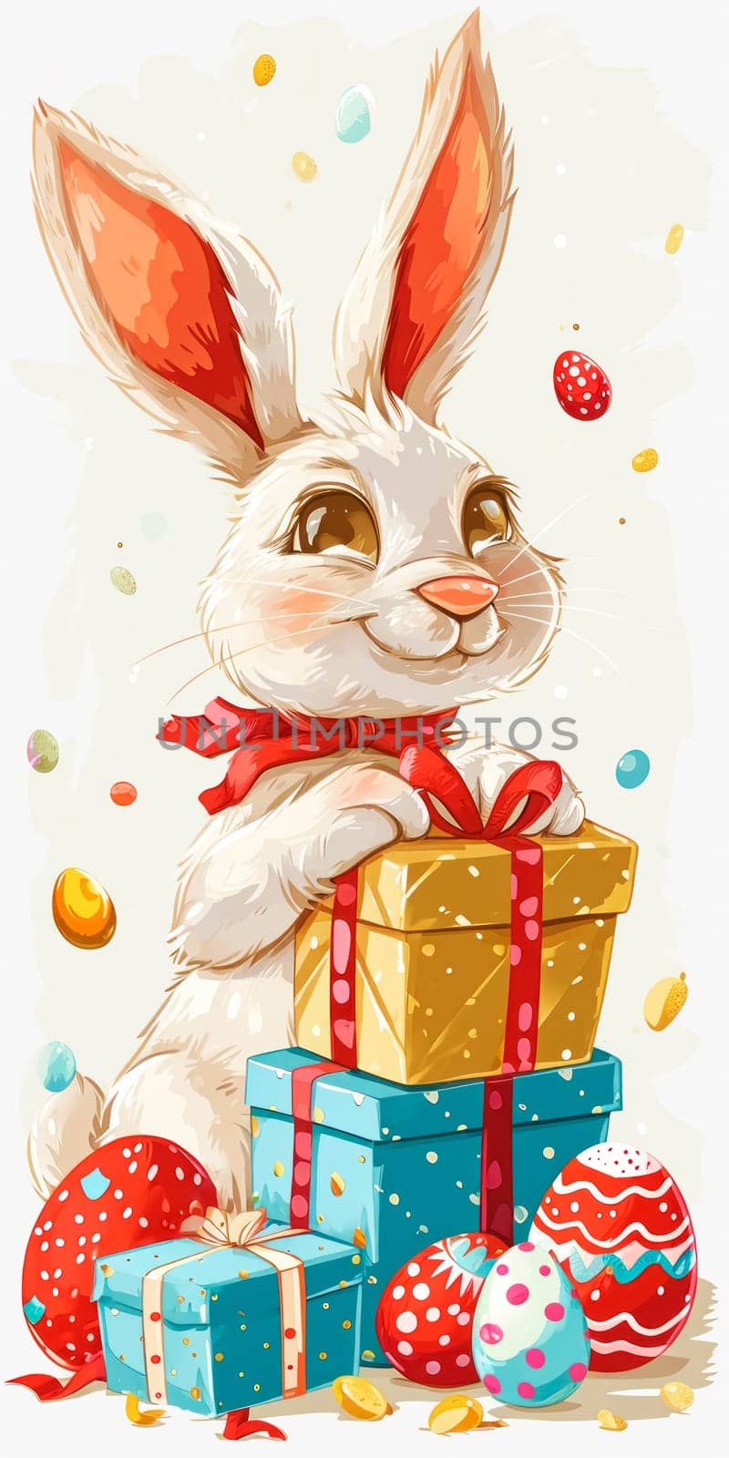 An exuberant Easter illustration captures a white bunny with vibrant ears, clutching a gift box, surrounded by a variety of colorful, patterned Easter eggs