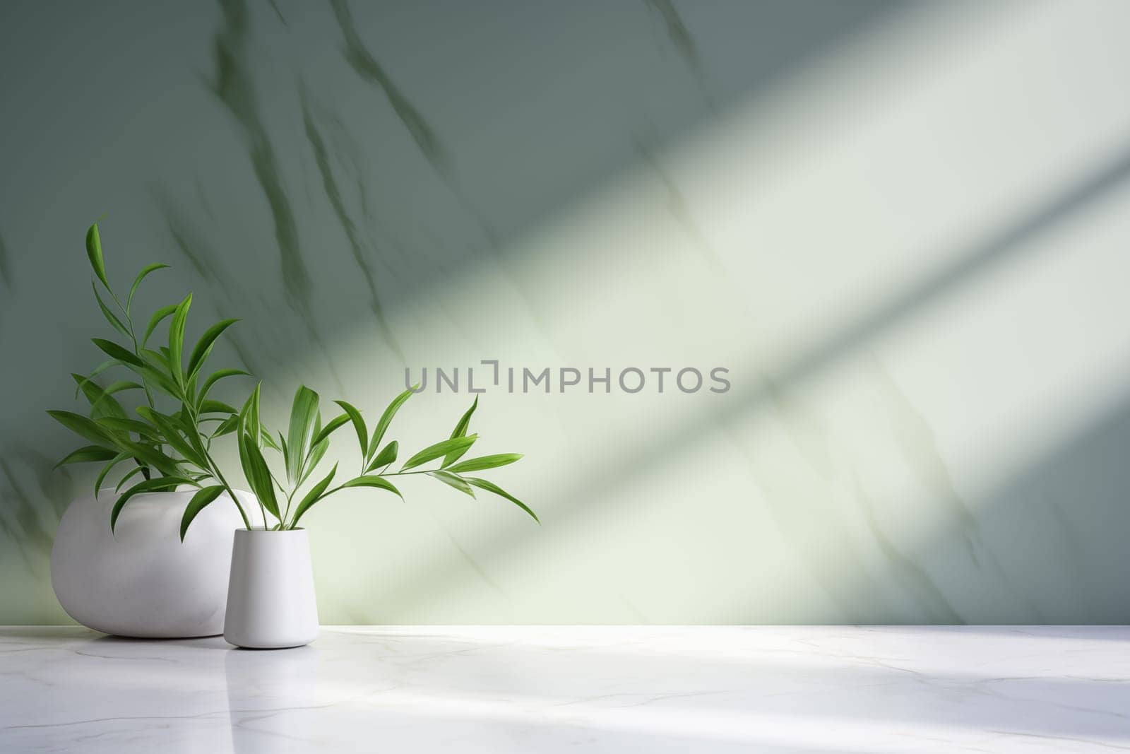 Minimalistic light background with blurred foliage shadow on a light wall. Beautiful background for presentation with with marble floor. High quality photo