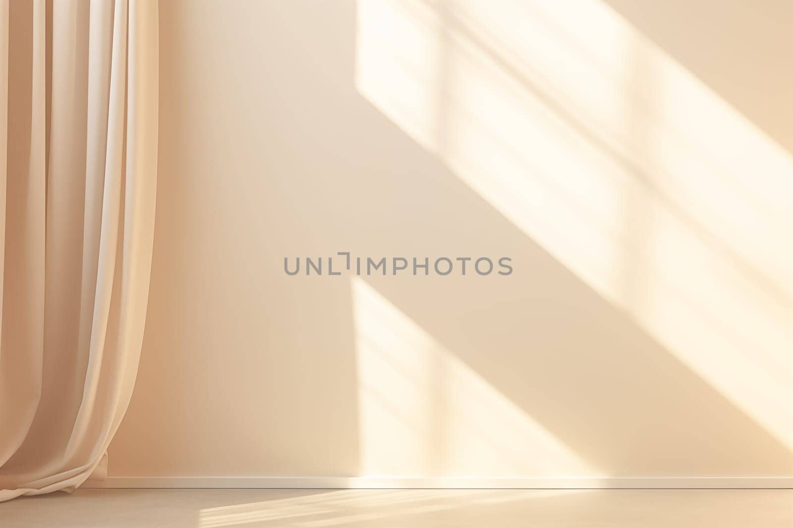 Minimalistic abstract gentle light beige background for product presentation with light and shadow of window curtains on wall by Nadtochiy