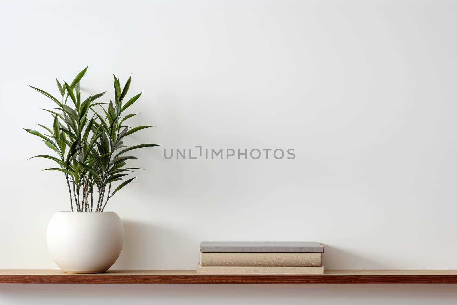 Wooden shelf with a potted plant and books on a white wall.