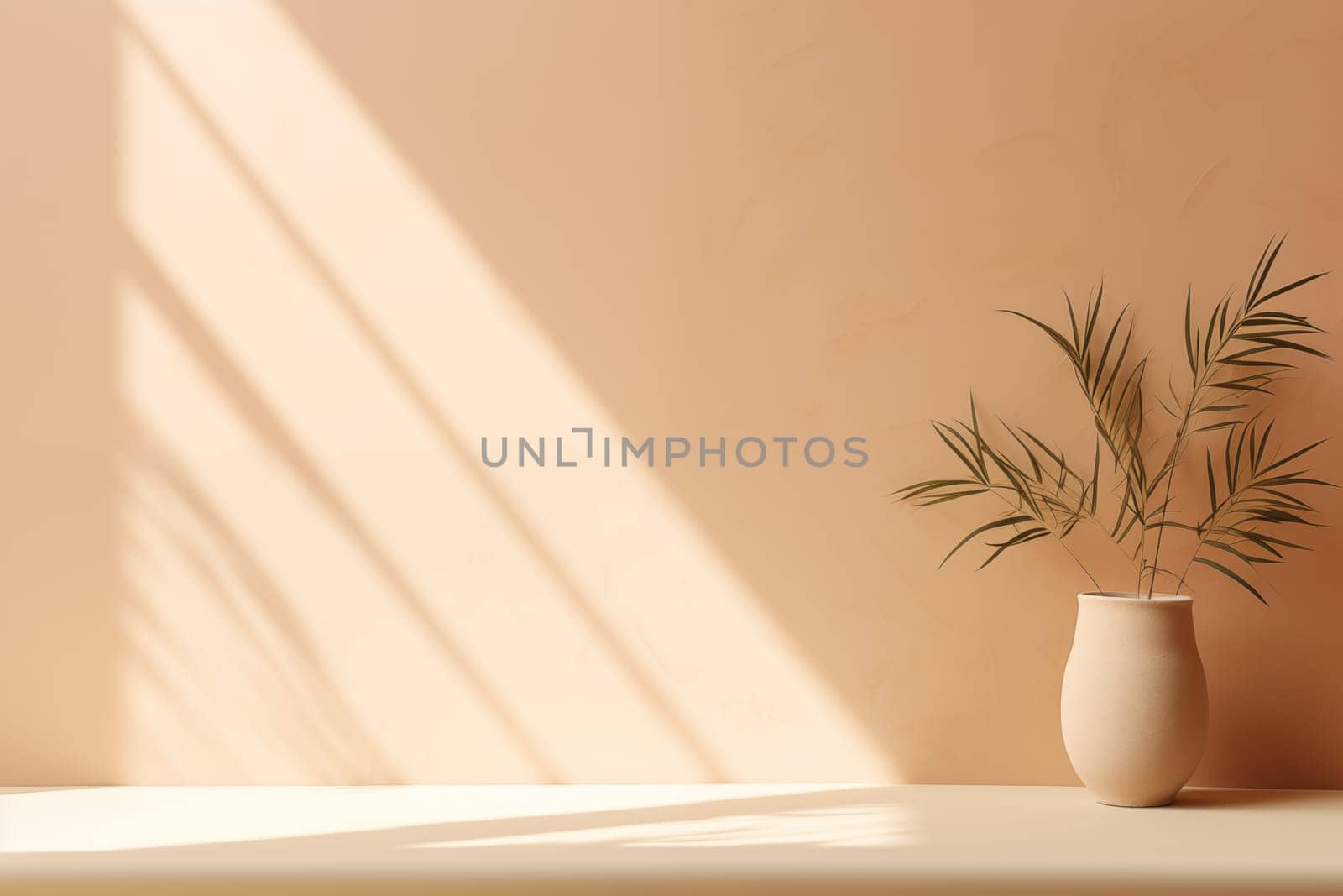 Minimalistic abstract gentle light beige background for product presentation with light andand intricate shadow from the window and vegetation on wall by Nadtochiy