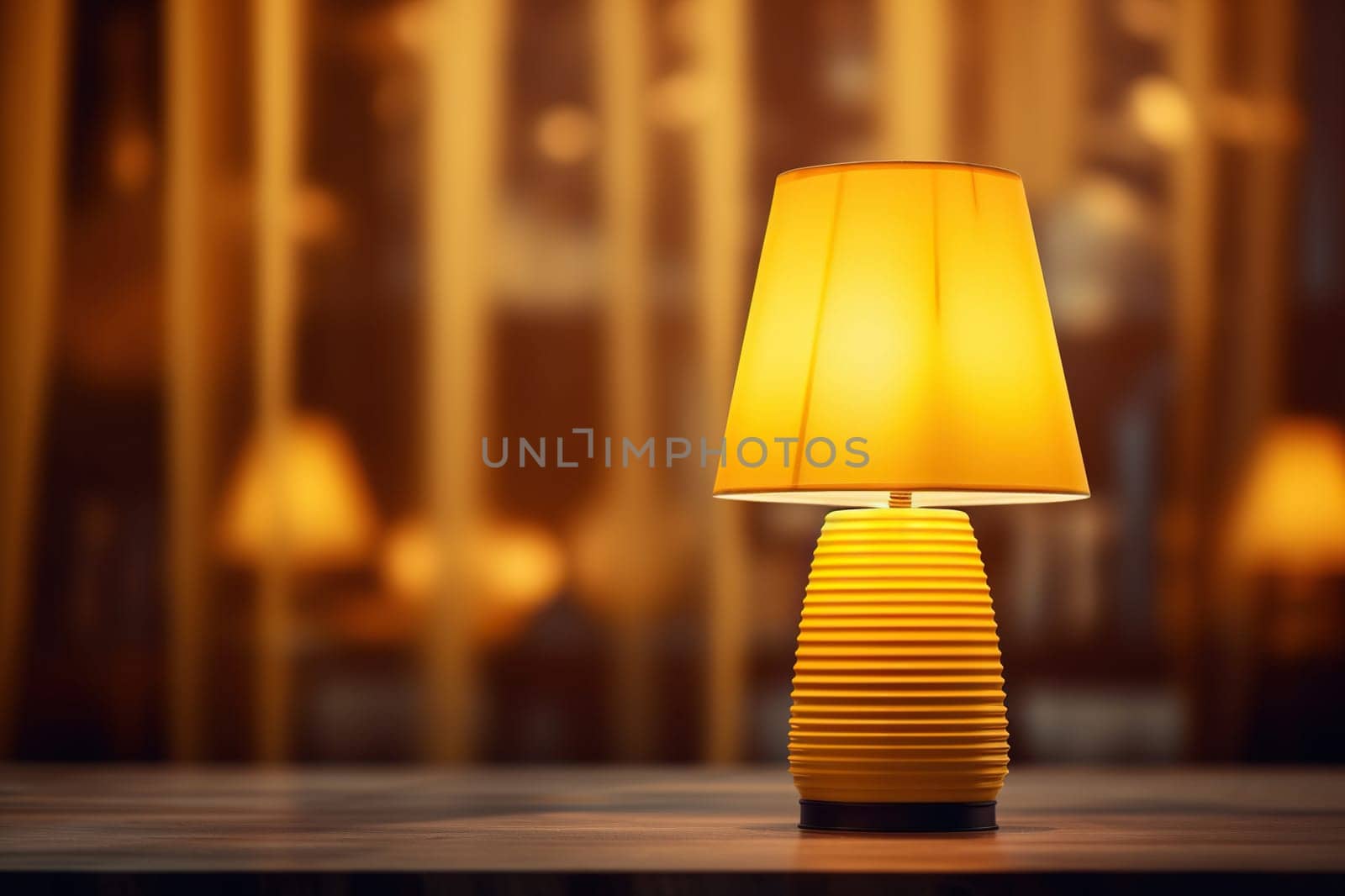 Yellow table lamp on a wooden surface, cozy warm light. Generated by artificial intelligence by Vovmar