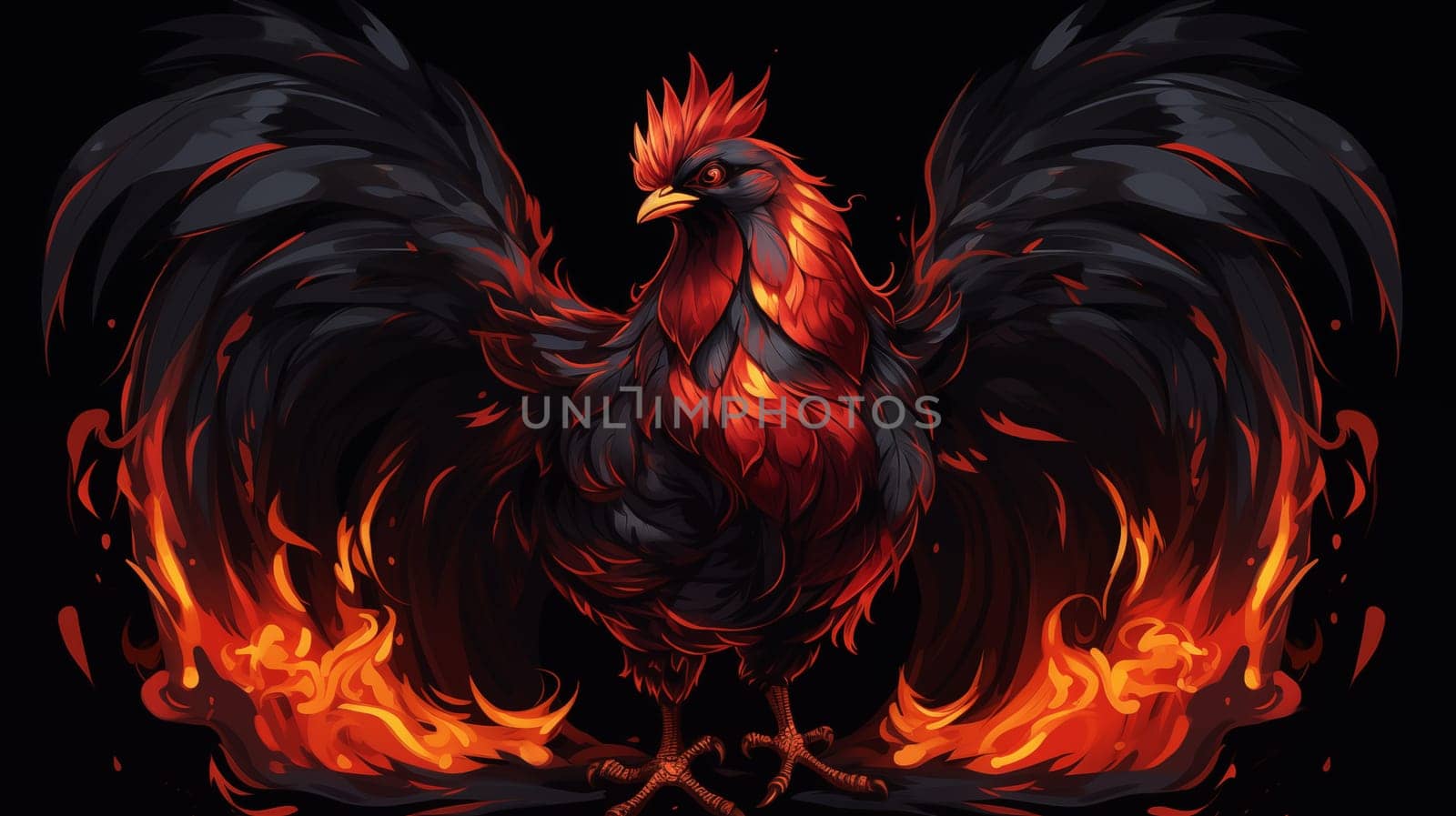 A black rooster stands on a fiery background, with his wings spread, on a black background, cartoon style.