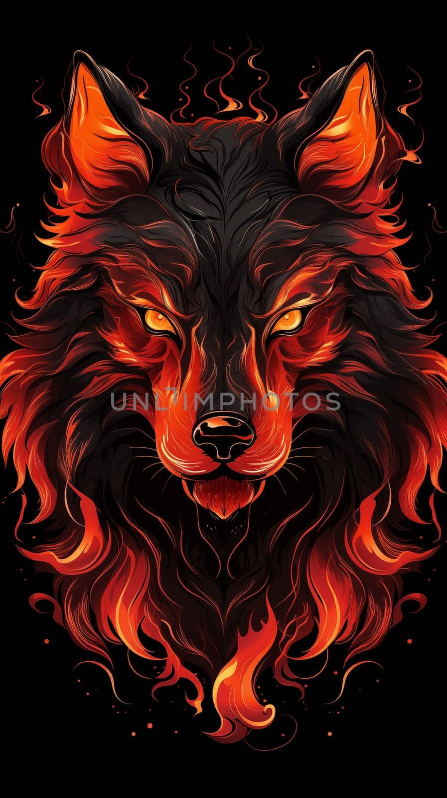 Close up of head of burning wolf with burning eyes, on black background, cartoon style, front view. Vertical