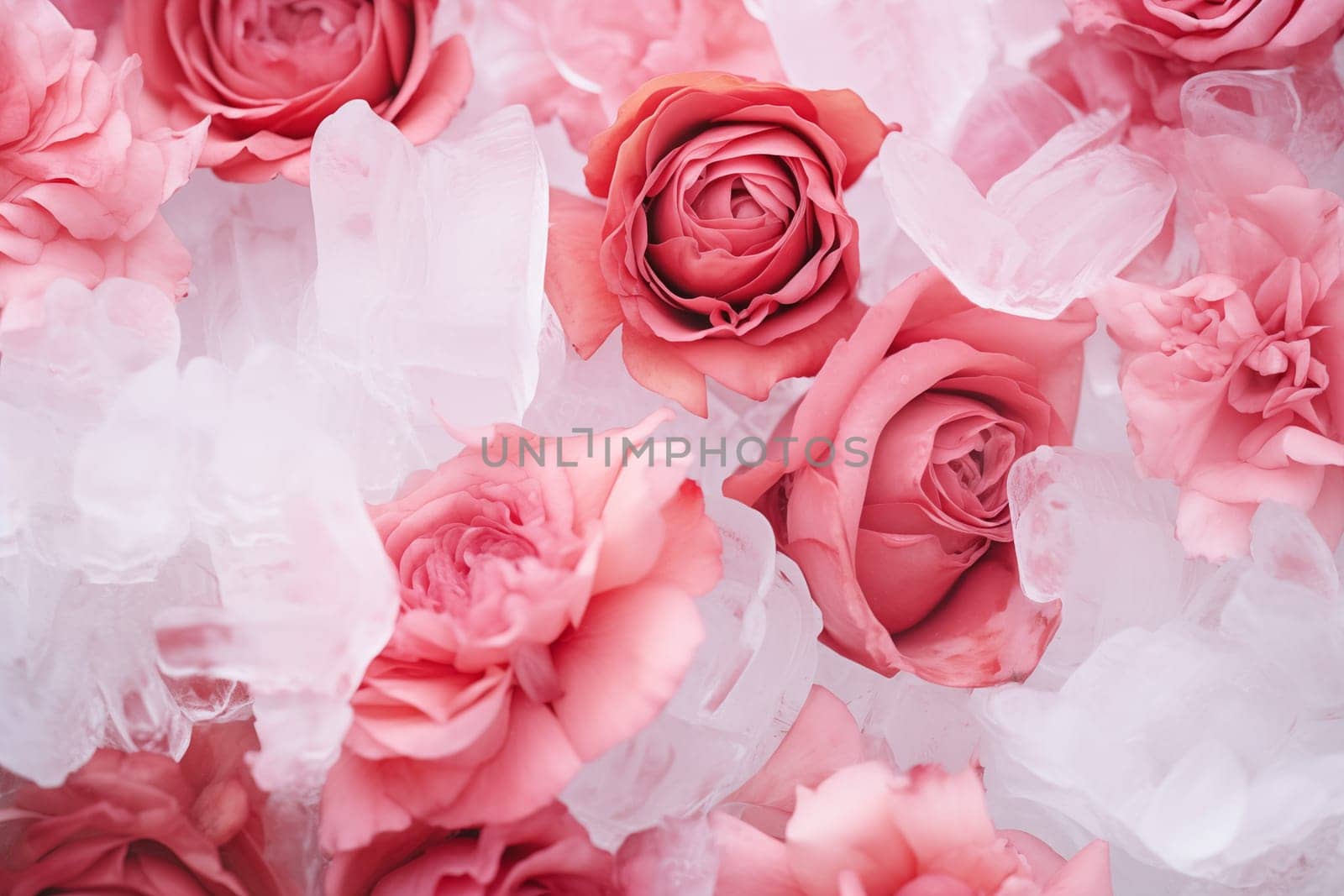 abstract background of close up of pink and red frozen flowers in ice. High quality photo