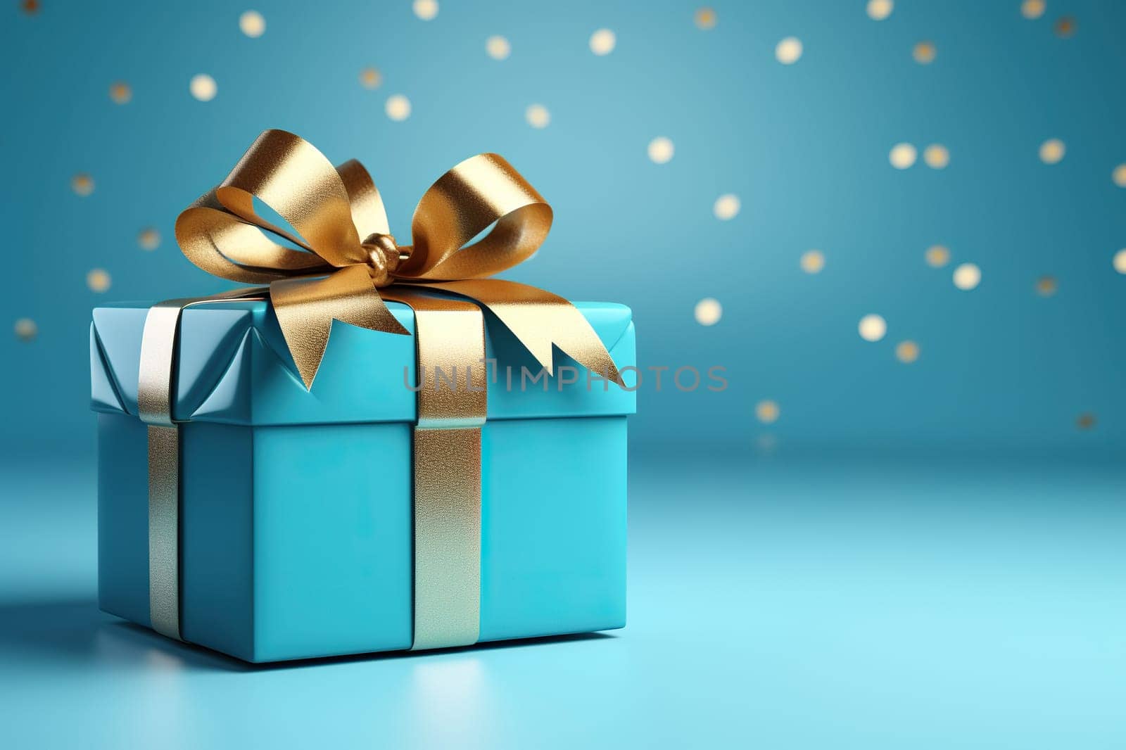 3D gift blue box with a gold bow on a blue background with gold bokeh. Generated by artificial intelligence by Vovmar