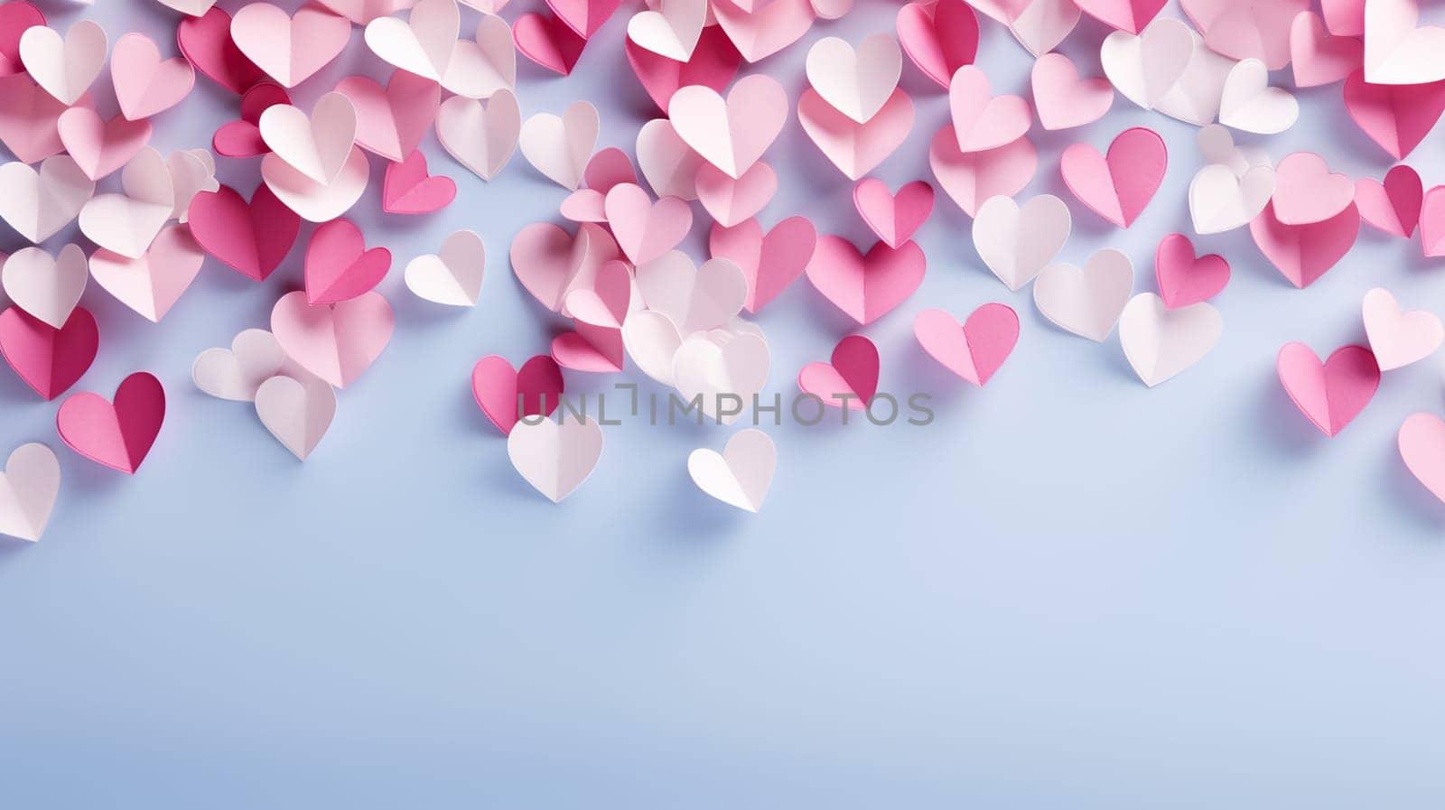 Horizontal blue background with paper hearts. Valentine's Day concept.