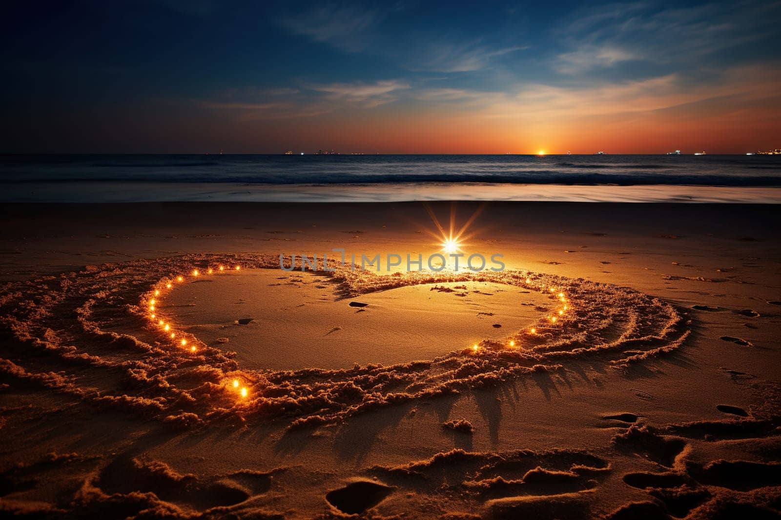 Heart shape made of lights on the beach at sunset. Generated by artificial intelligence by Vovmar