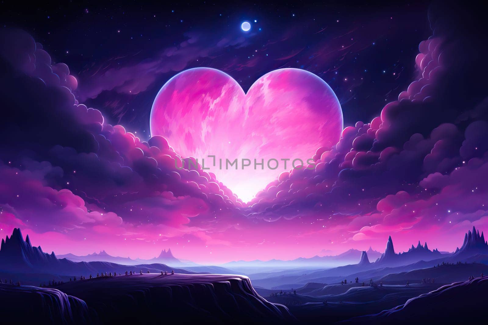 Huge pink heart in the night sky. Romantic illustration.