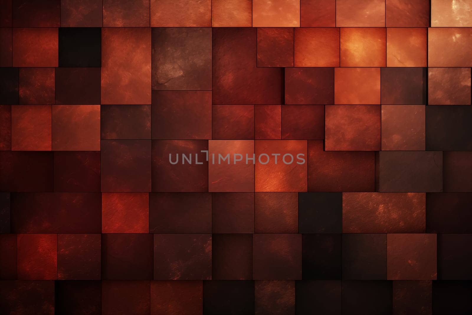Fiery red brown burnt orange copper black abstract background. Geometric shape. Color gradient. 3d effect. Noise rough grungy grain. Neon light metallic. Design. Template. Web banner. Wide. Panoramic by Nadtochiy