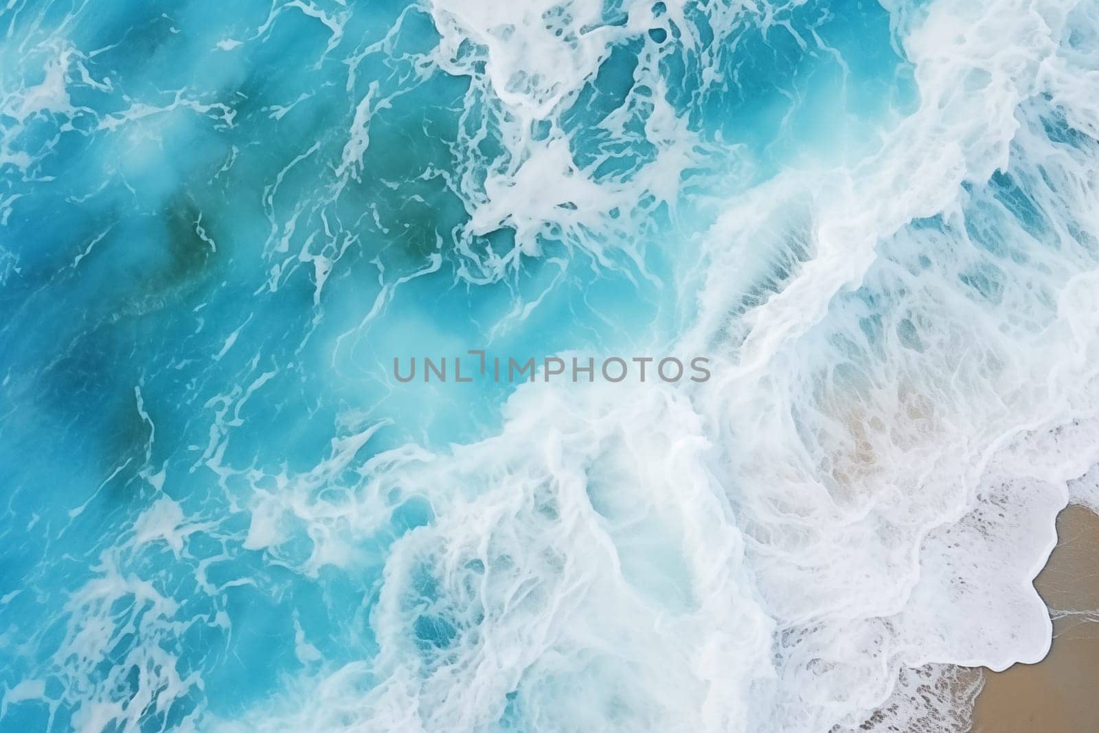 From above aerial view of turquoise ocean water with splashes and foam for abstract natural background and texture. High quality photo