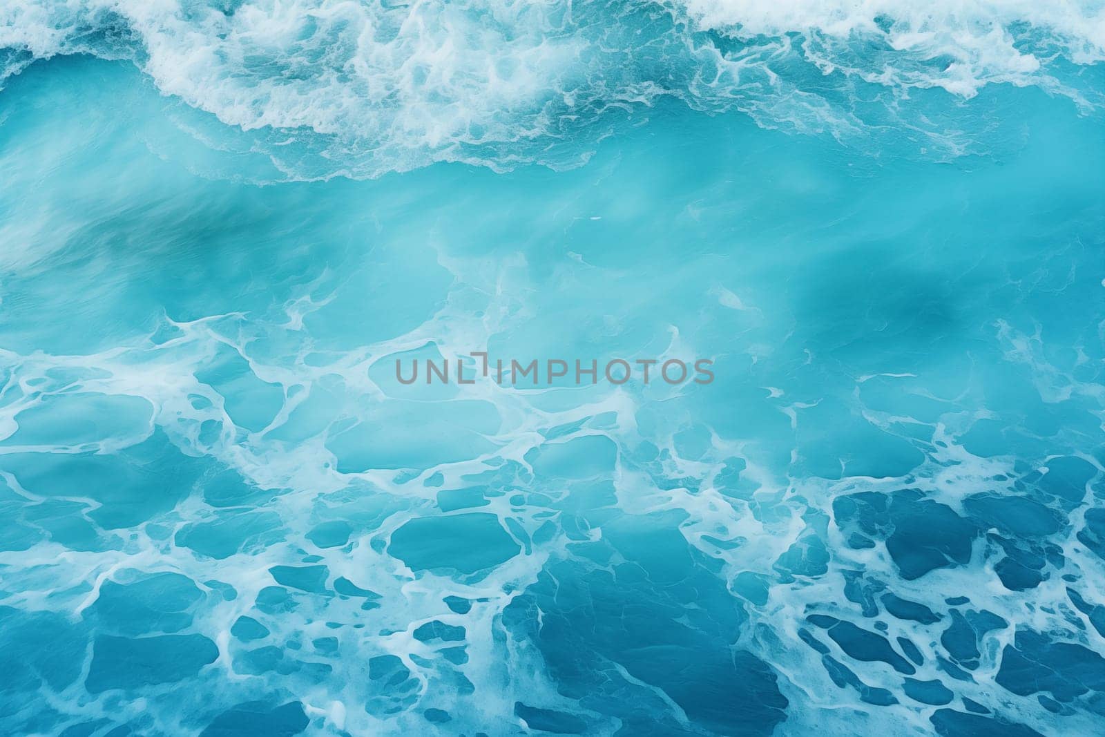 From above aerial view of turquoise ocean water with splashes and foam for abstract natural background and texture by Nadtochiy