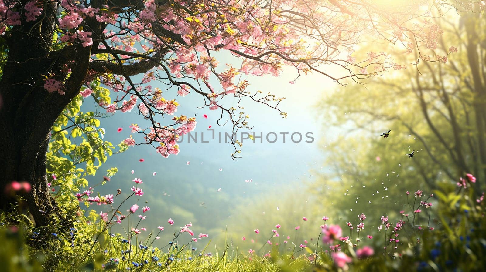 Spring landscape. Fresh foliage, grass. Nature comes to life. spring background for the product. High quality illustration