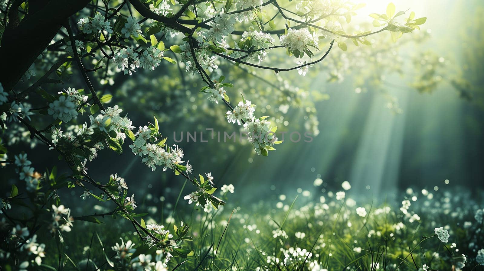 Spring landscape. Fresh foliage, grass. Nature comes to life. spring background for the product. High quality illustration