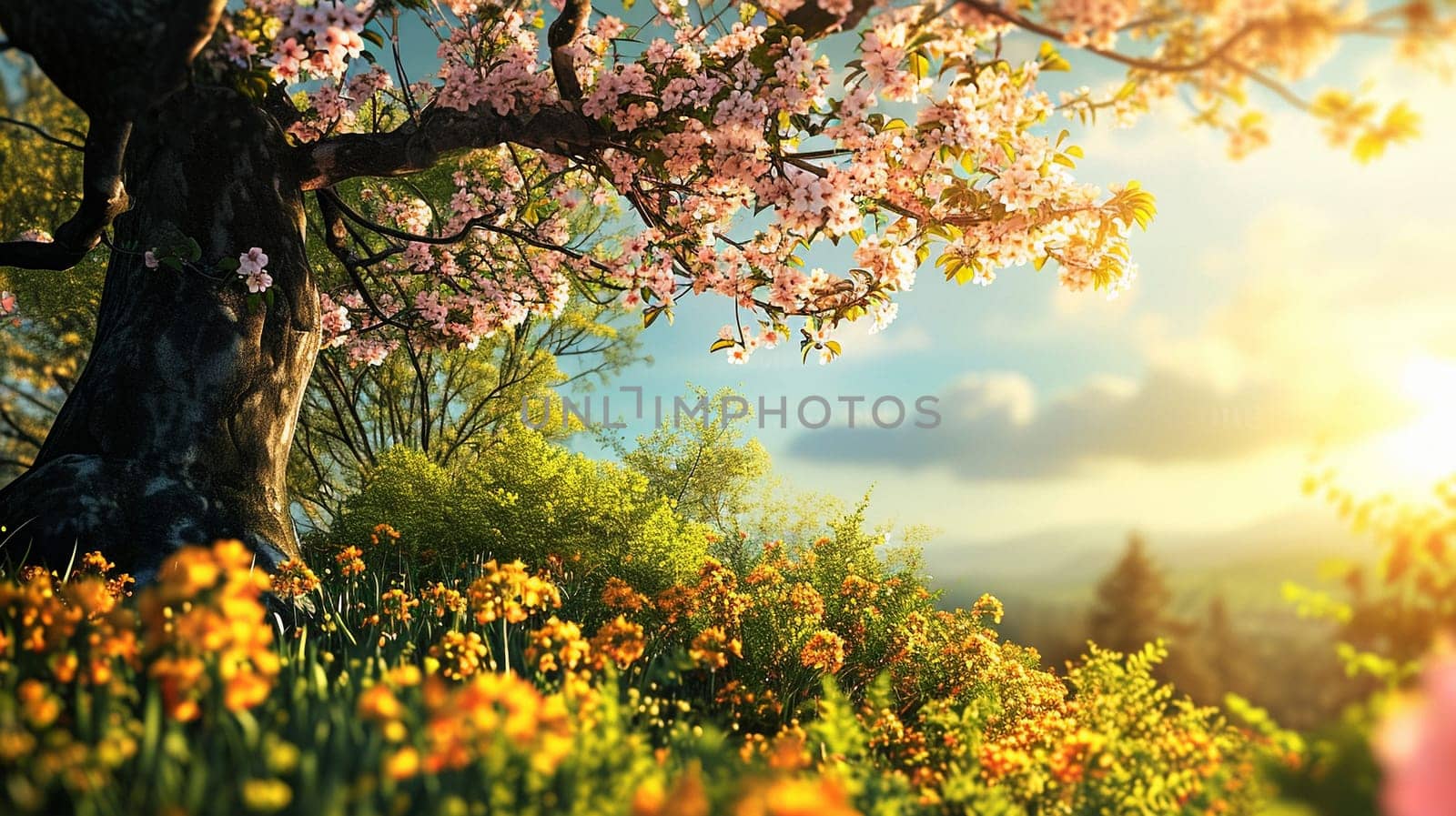 Spring landscape. Fresh foliage, grass. Nature comes to life. spring background for the product. High quality illustration