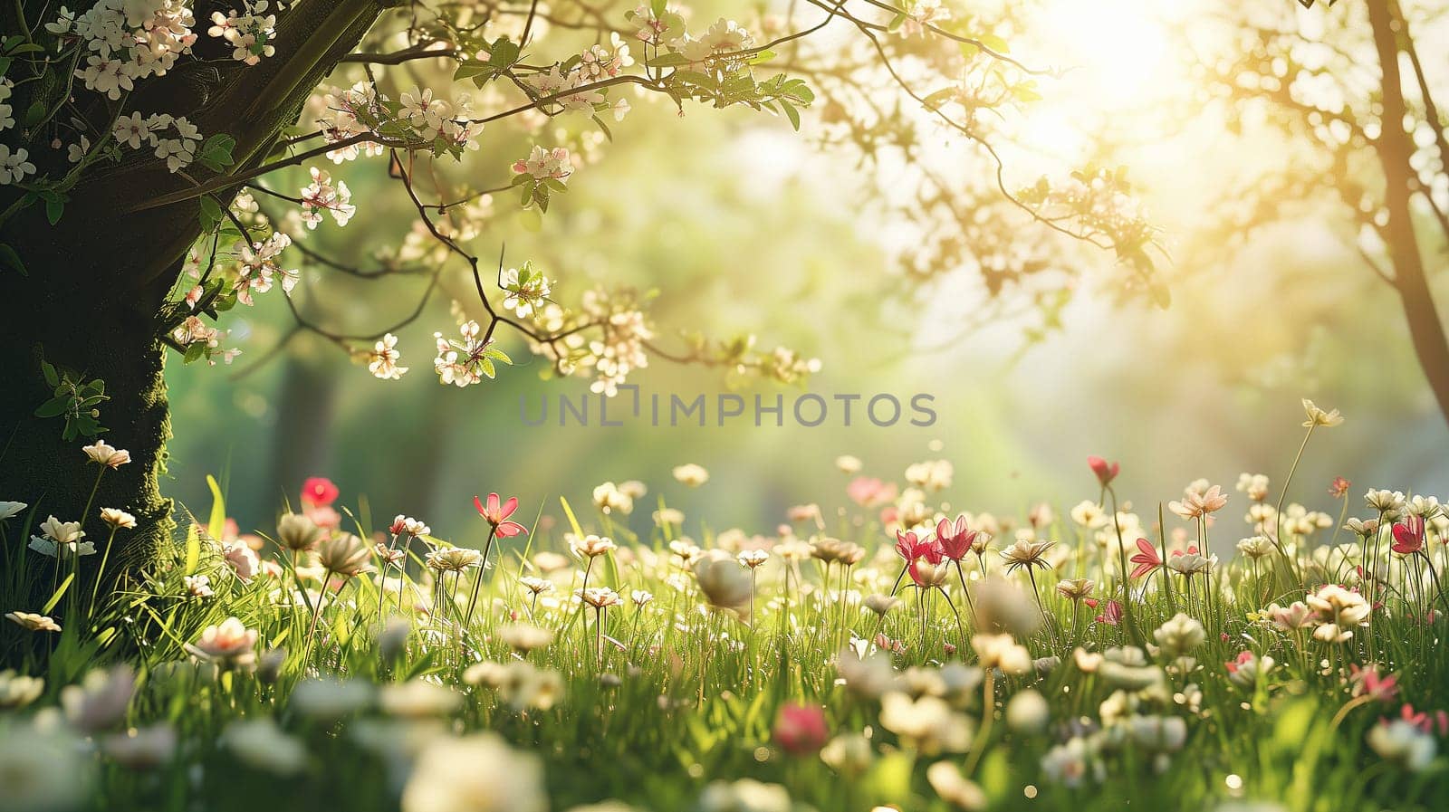 Spring landscape. Fresh foliage, grass. Nature comes to life. spring background for the product. High quality illustration