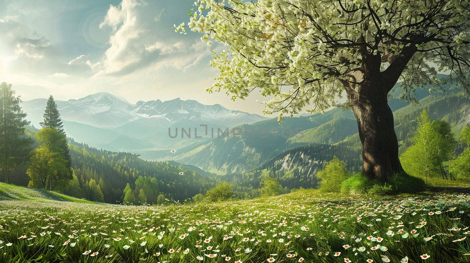 Spring landscape. Fresh foliage, grass. Nature comes to life. spring background for the product. High quality illustration