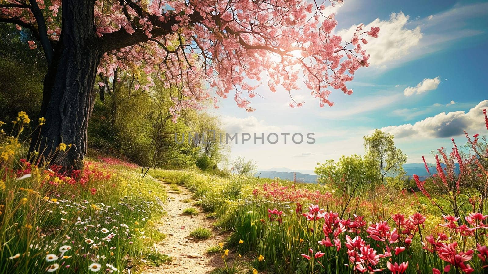 Spring landscape. Fresh foliage, grass. Nature comes to life. spring background for the product. High quality illustration