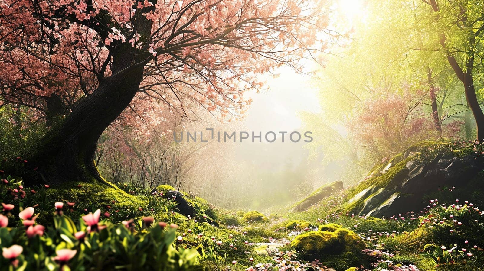 Spring landscape. Fresh foliage, grass. Nature comes to life. spring background for the product. High quality illustration