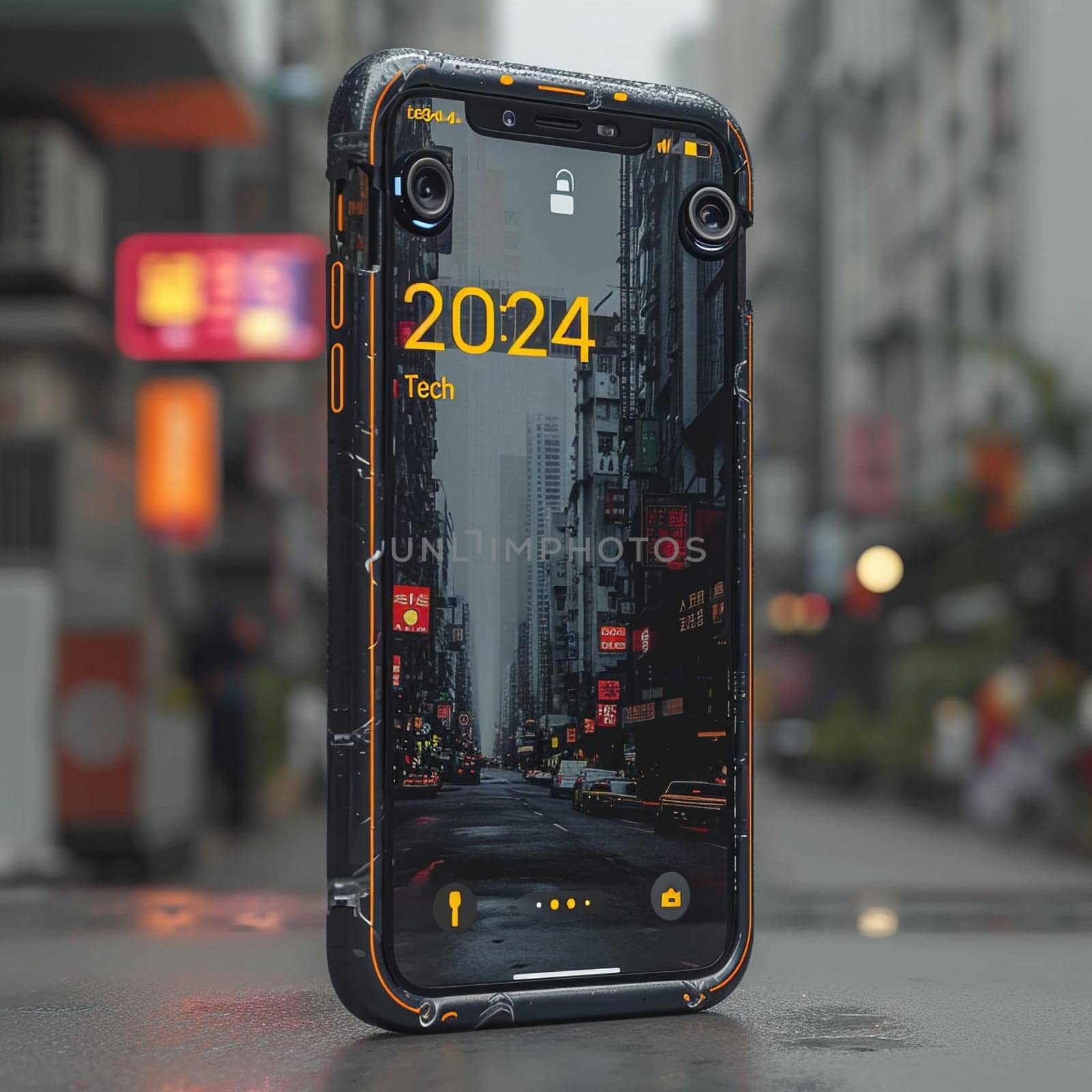The emblem of 2024. The symbol of the year of technology. The inscription on the smartphone. High quality photo