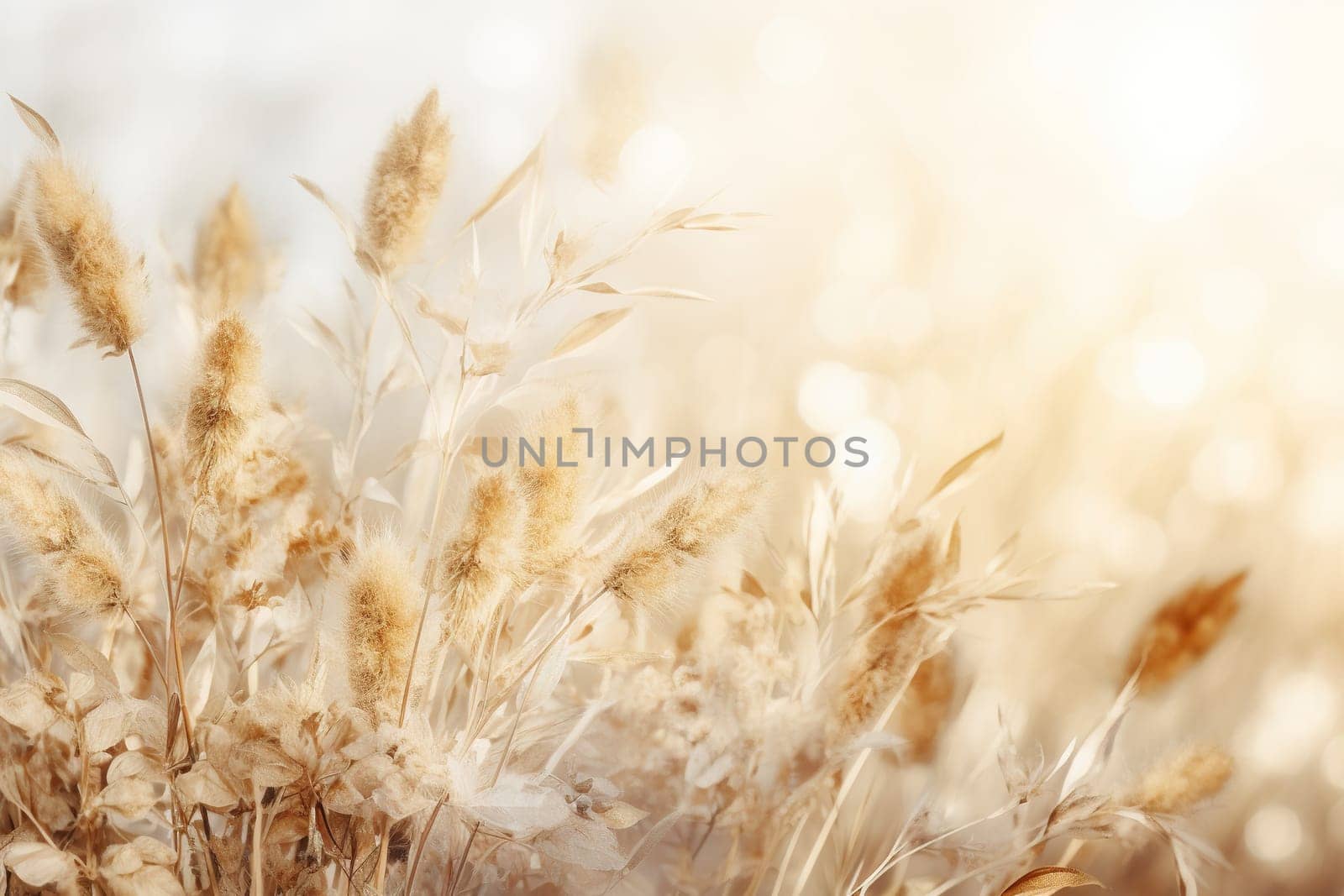 Abstract natural background with fluffy stems of tall grass on a bokeh background. Dry soft grass.