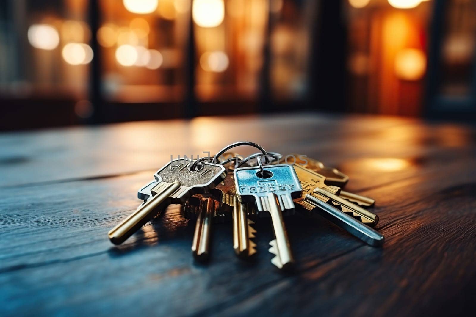 A bunch of keys from a new house on a wooden surface against a bokeh background.