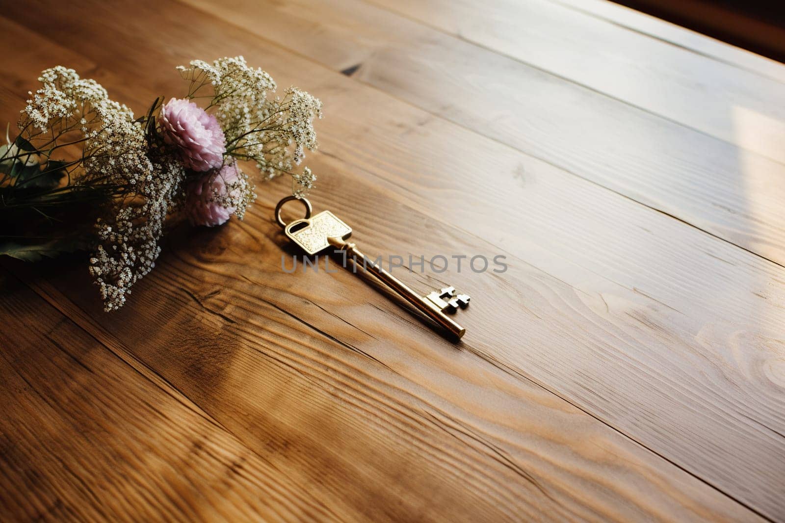 A golden key lies on a wooden table with a bokeh background.