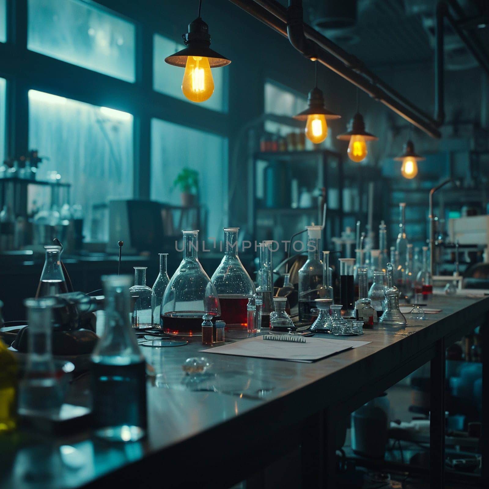 A scientific medical laboratory with a variety of flasks, reagents, vessels, liquids and equipment. Scientific breakthrough, research by NeuroSky