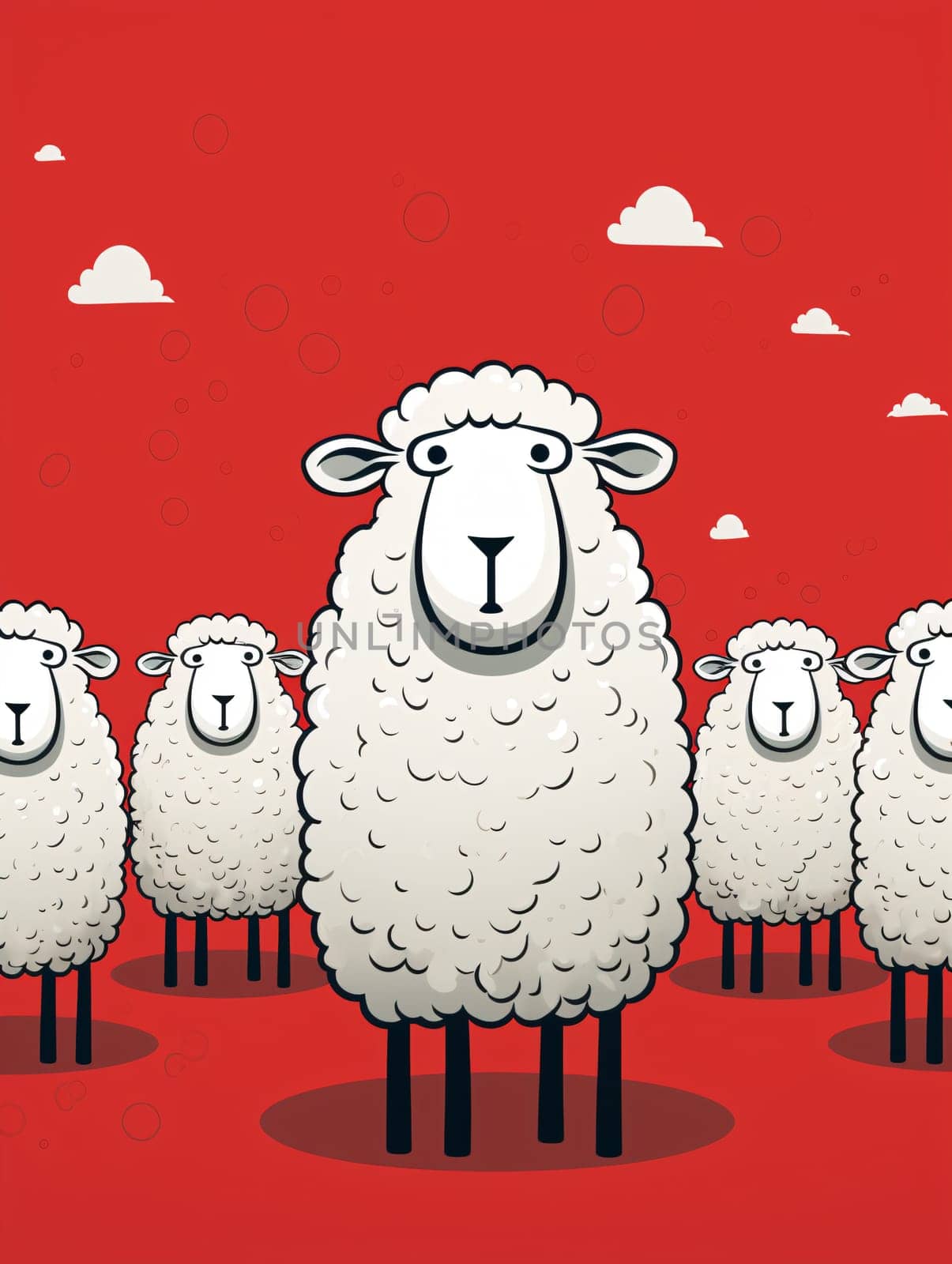 Vibrant and playful, a flock of cartoon sheep leaps through a red-hued world, brought to life through lively illustration and charming mammalian energy