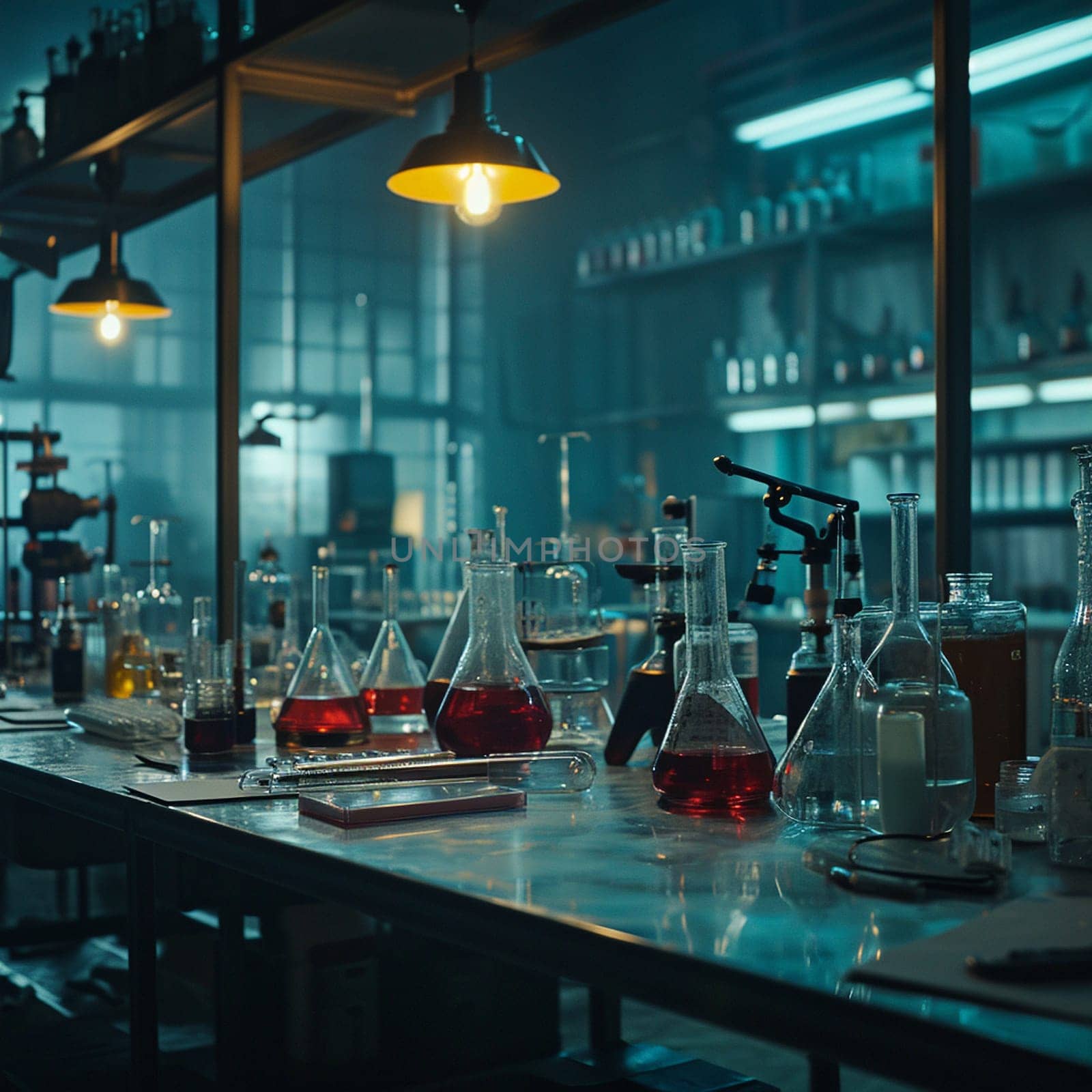 A scientific medical laboratory with a variety of flasks, reagents, vessels, liquids and equipment. Scientific breakthrough, research by NeuroSky