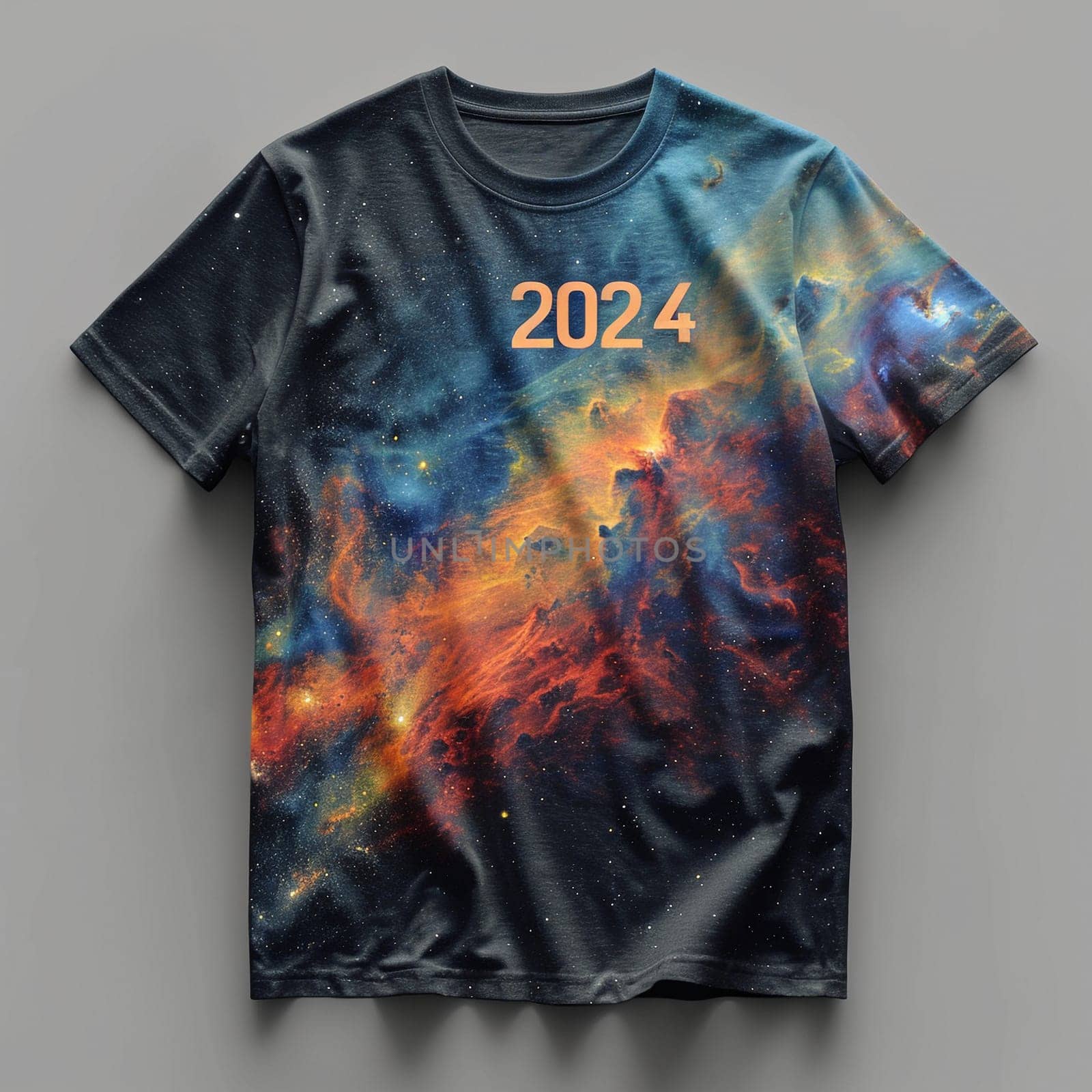 The design of a modern T-shirt. Collection 2024. Space, the future, futurism, galaxies. High quality illustration