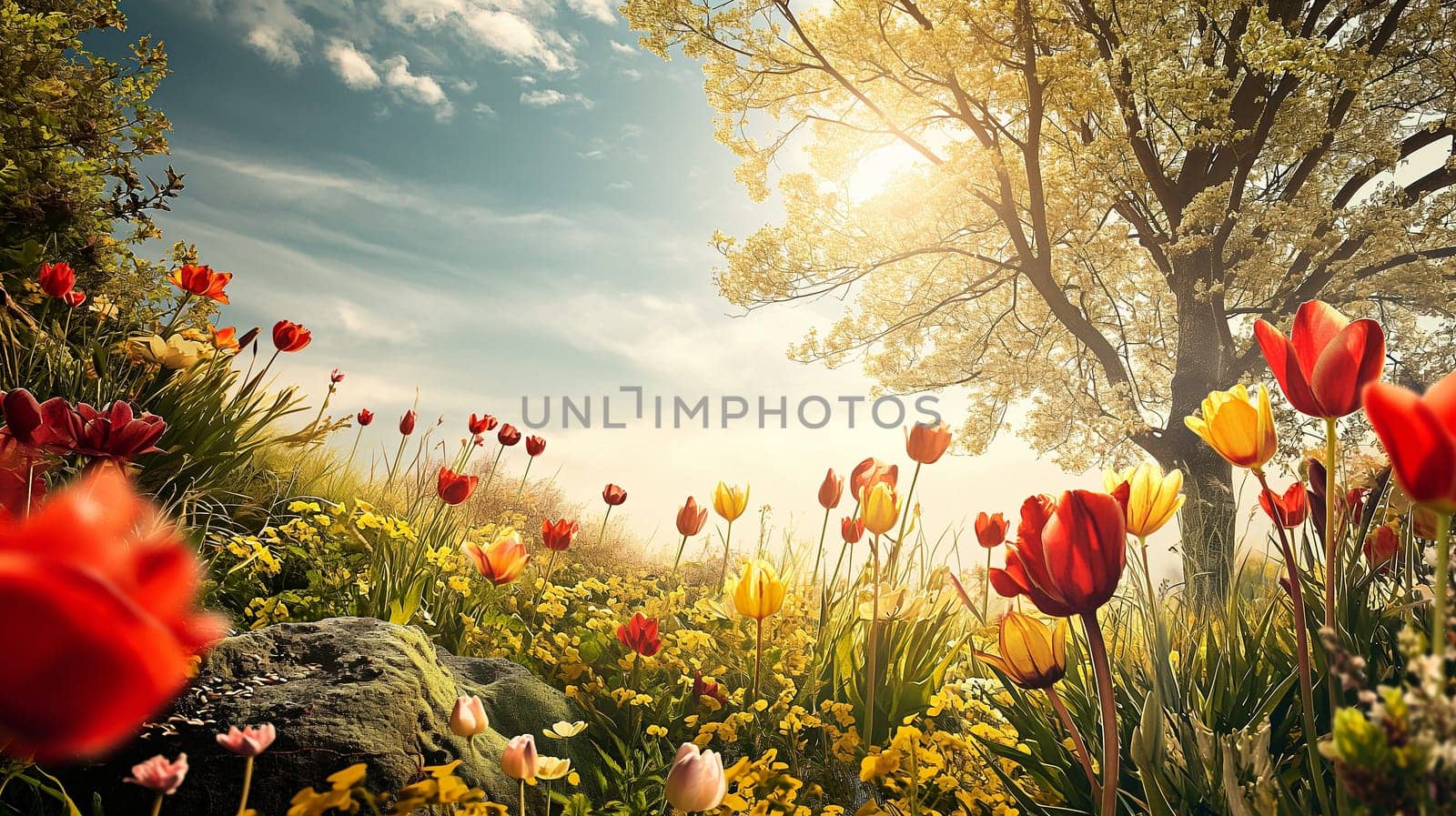 Spring landscape. Fresh foliage, grass. Nature comes to life. spring background for the product. High quality illustration