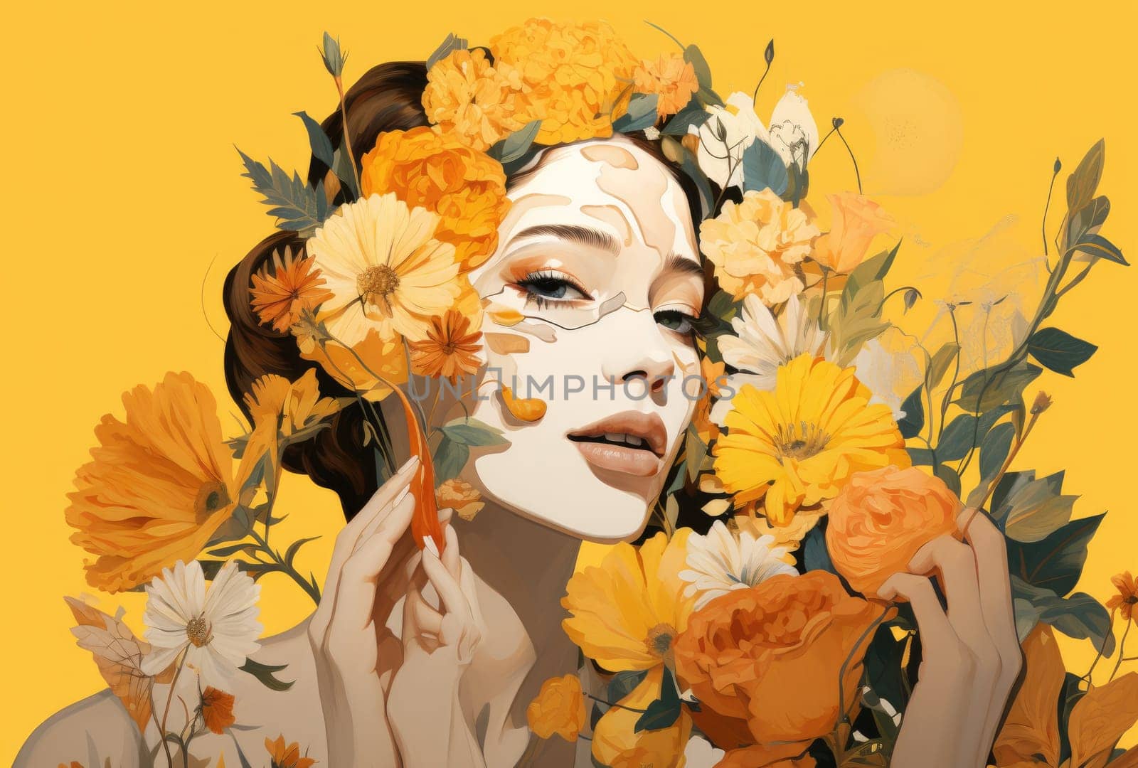 Abstract art portrait of young woman with flowers decoration comeliness
