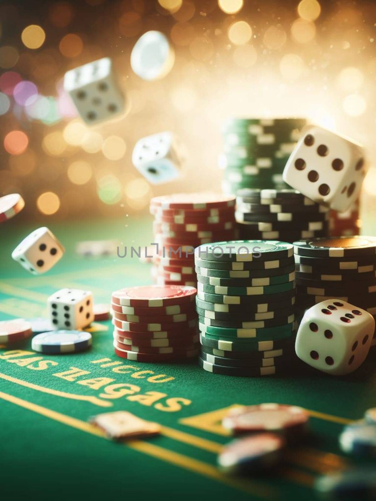 casino scene on a gaming table, freeze action fly dice, cards and chips, dark, bokeh , human hand by verbano