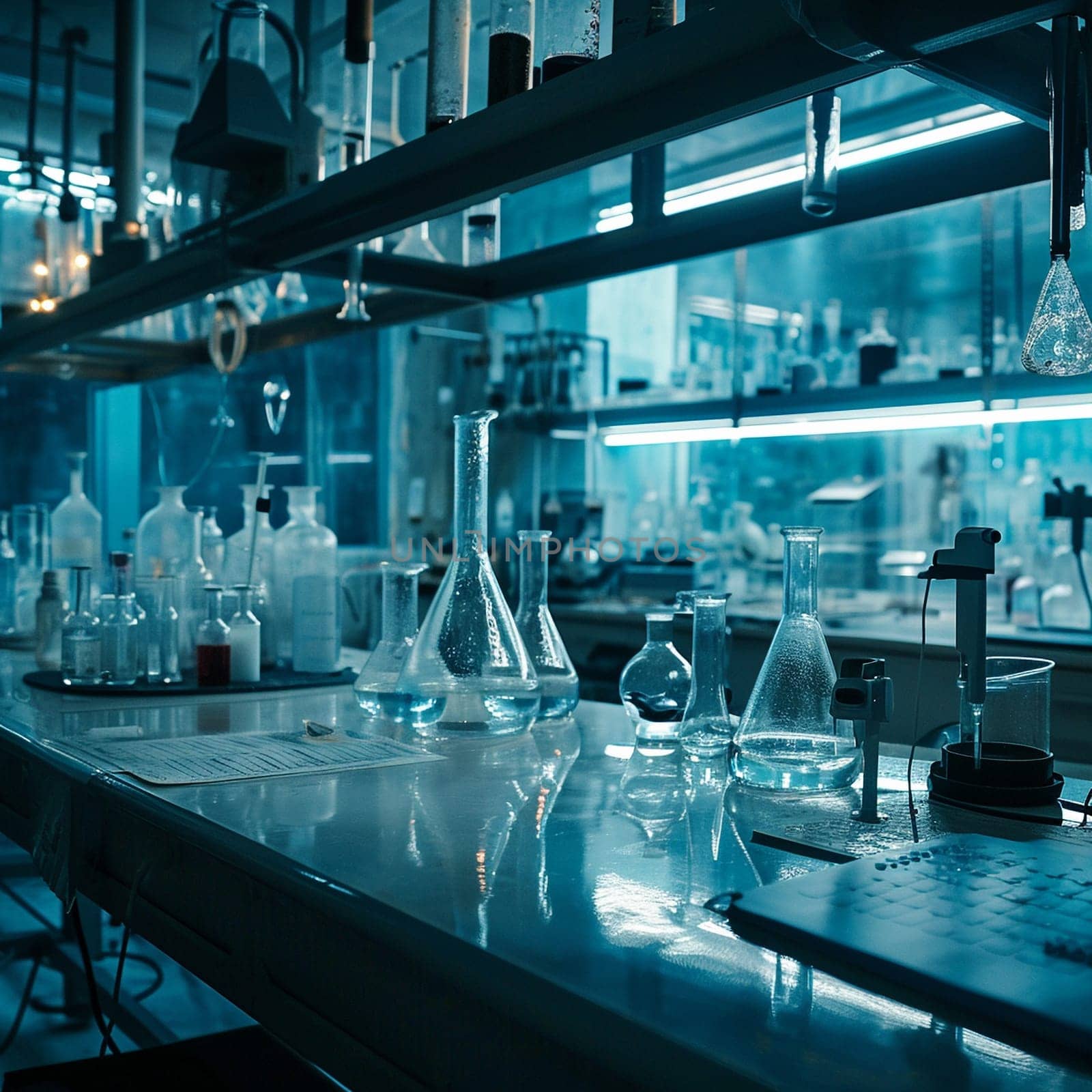 A scientific medical laboratory with a variety of flasks, reagents, vessels, liquids and equipment. Scientific breakthrough, research by NeuroSky