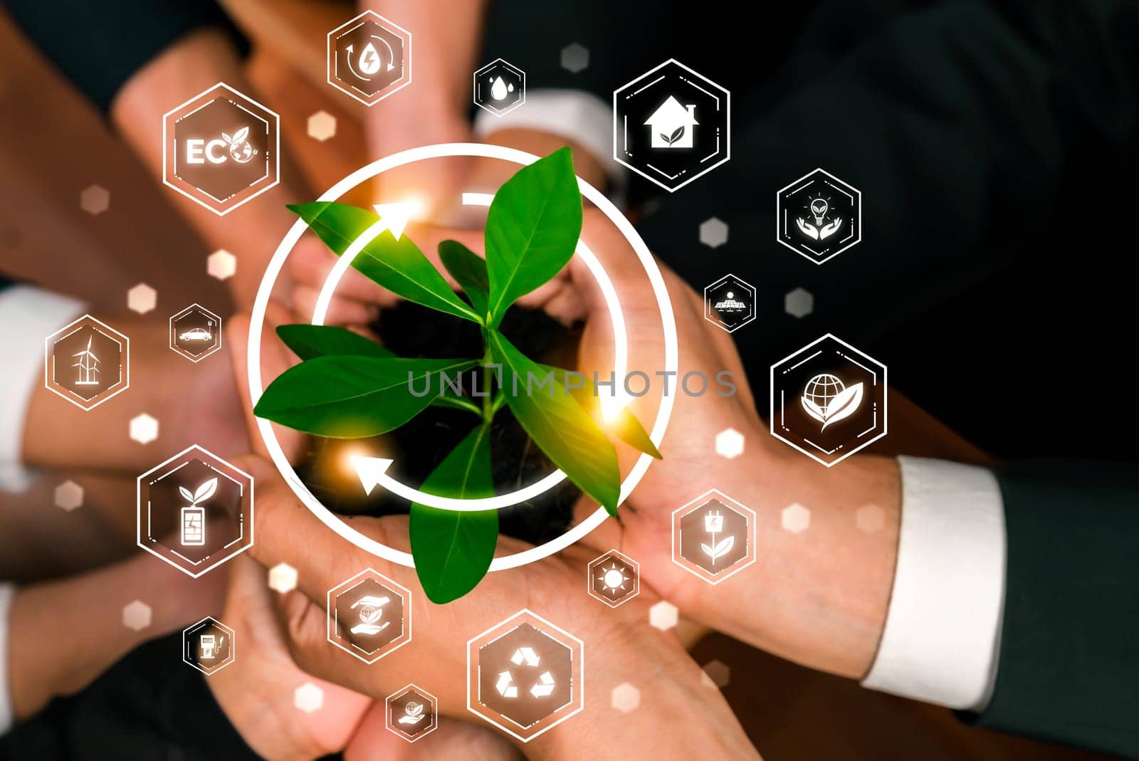 Business partnership nurturing or growing plant together. Reliance by biancoblue