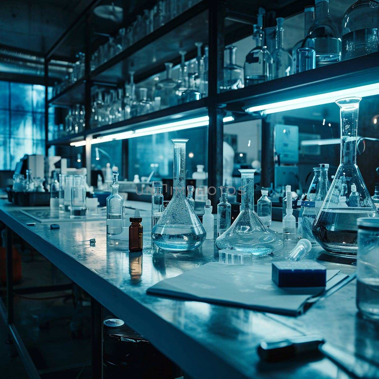 A scientific medical laboratory with a variety of flasks, reagents, vessels, liquids and equipment. Scientific breakthrough, research by NeuroSky