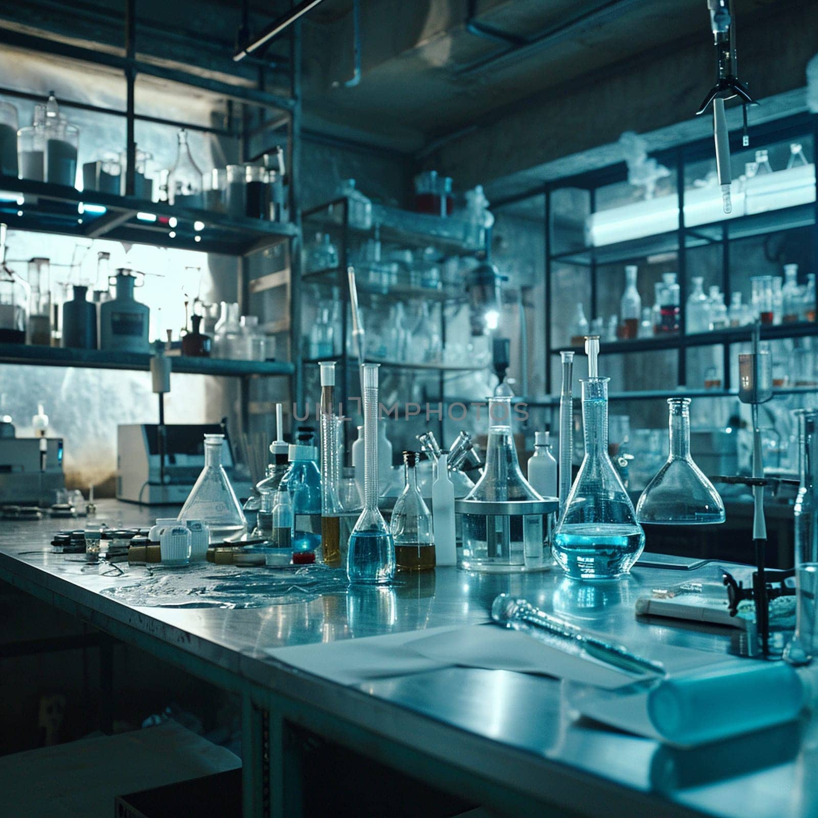 A scientific medical laboratory with a variety of flasks, reagents, vessels, liquids and equipment. Scientific breakthrough, research by NeuroSky