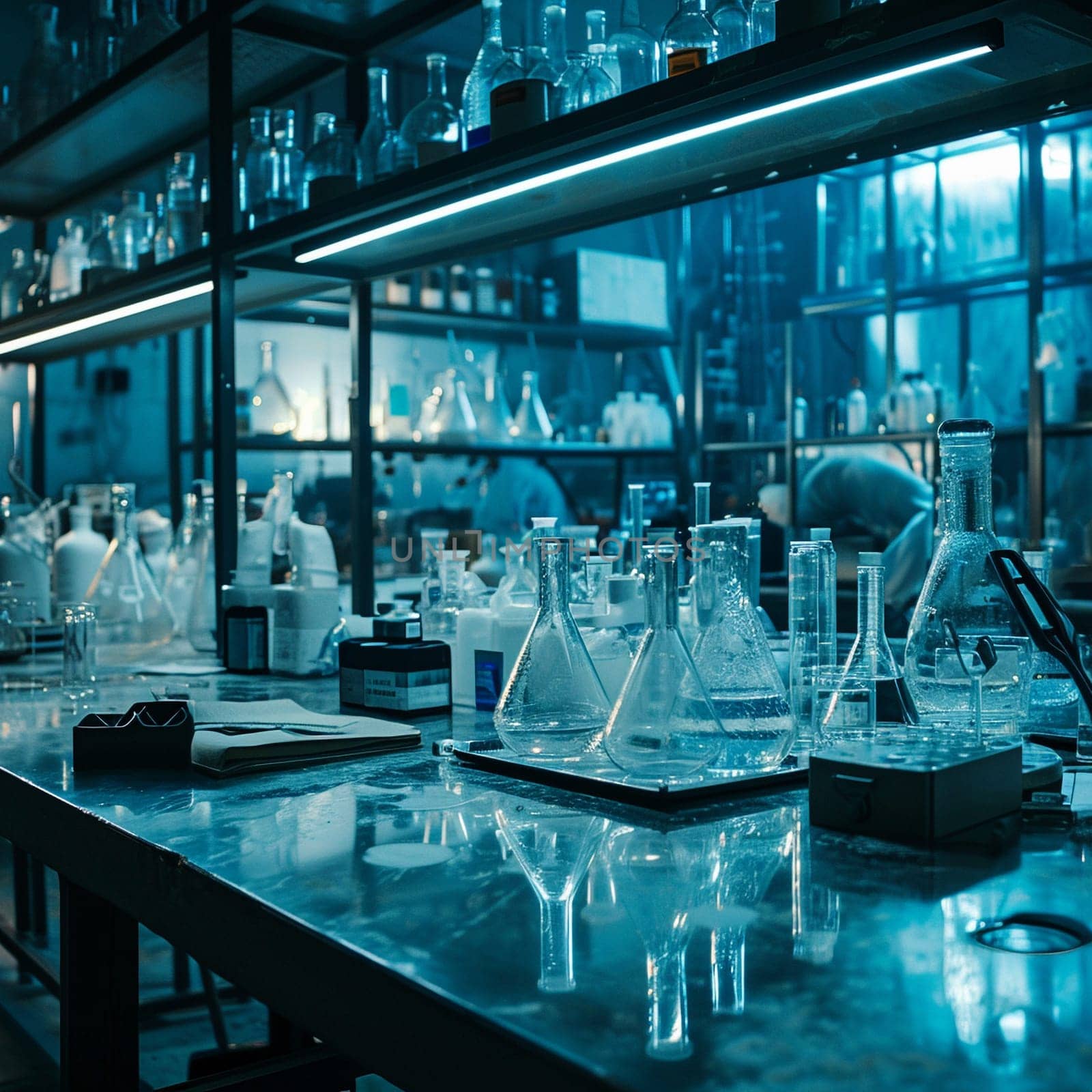 A scientific medical laboratory with a variety of flasks, reagents, vessels, liquids and equipment. Scientific breakthrough, research by NeuroSky