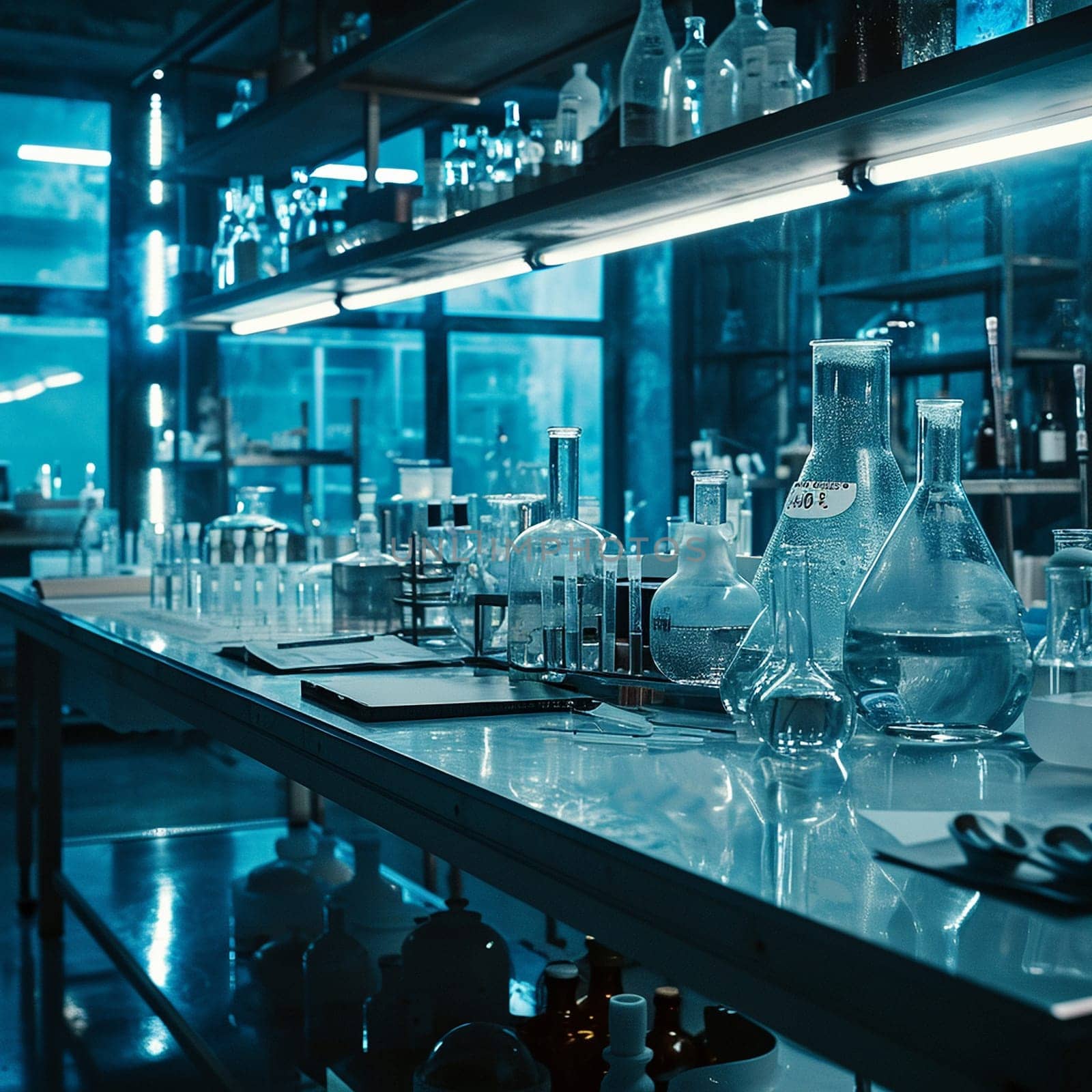 A scientific medical laboratory with a variety of flasks, reagents, vessels, liquids and equipment. Scientific breakthrough, research by NeuroSky