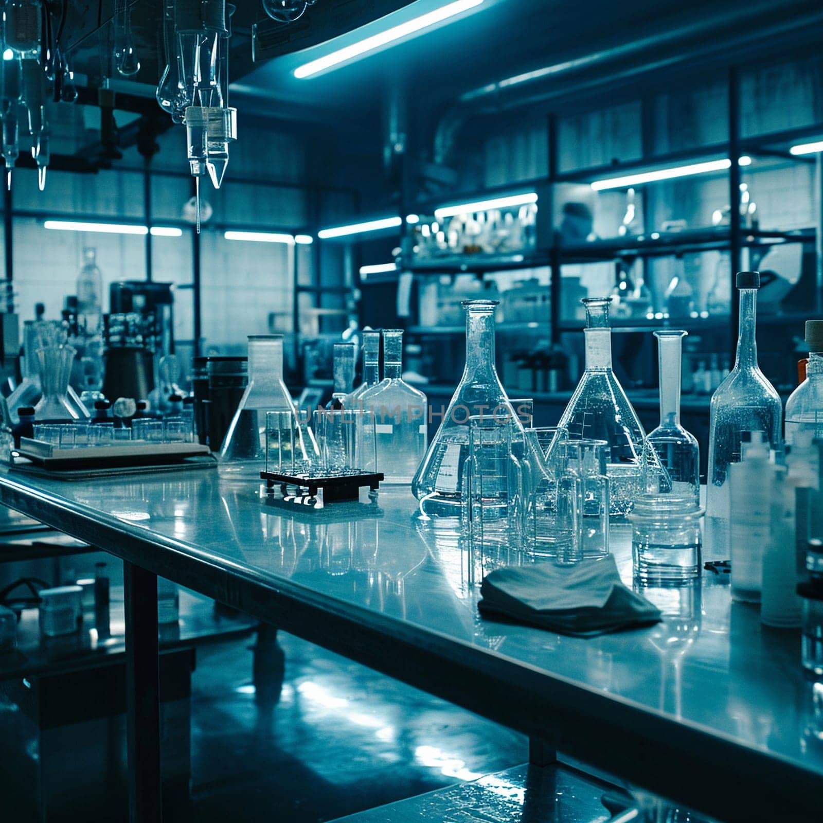 A scientific medical laboratory with a variety of flasks, reagents, vessels, liquids and equipment. Scientific breakthrough, research by NeuroSky