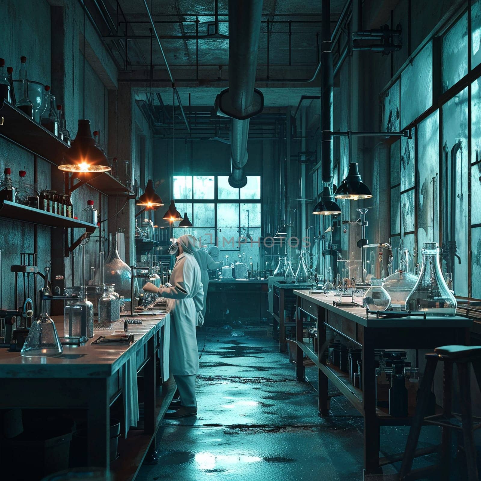 A scientific medical laboratory with a variety of flasks, reagents, vessels, liquids and equipment. Scientific breakthrough, research. High quality illustration