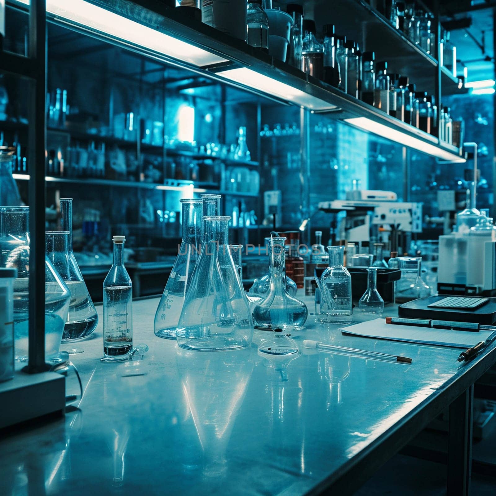 A scientific medical laboratory with a variety of flasks, reagents, vessels, liquids and equipment. Scientific breakthrough, research by NeuroSky